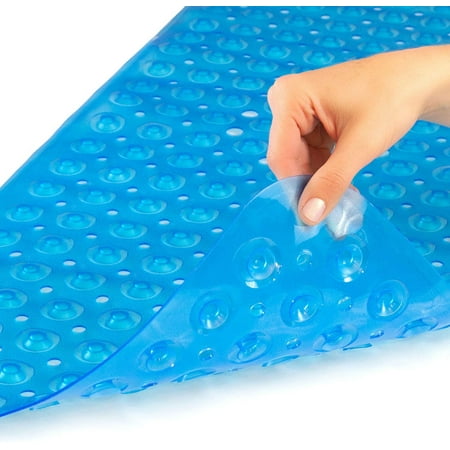 HealthSmart Antimicrobial Bath Mat with Non-Slip Suctions and Drain Holes, Extra Long, Light Blue