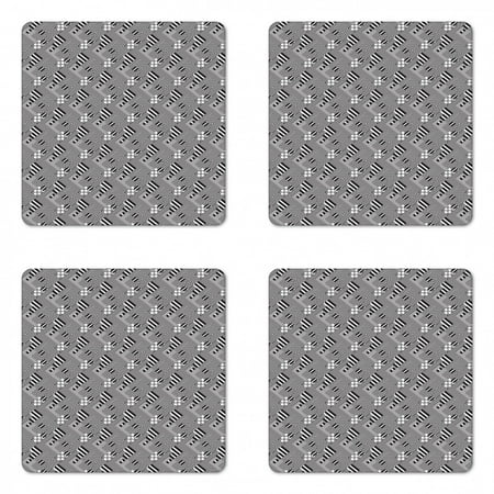 

Black and White Coaster Set of 4 Monochrome Stripes Squares Checkered Grid and Barcode Pattern Illustration Square Hardboard Gloss Coasters Standard Size Black White by Ambesonne