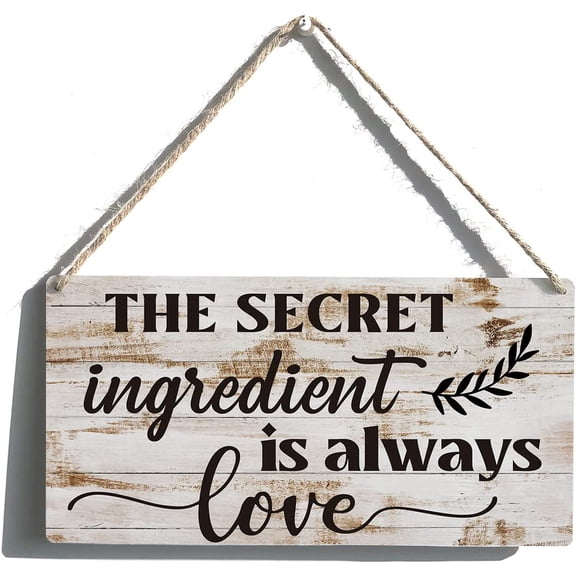 Funny Kitchen Signs Gift Farmhouse the Secret Ingredient is Always Love Wooden Hanging Sign Rustic Wall Art Home Kitchen Decoration 10x5 Inch