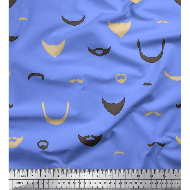 Soimoi Blue Velvet Fabric Mustache Face Print Fabric by Yard 60 Inch Wide