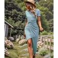 thumbnail image 6 of Women Summer Maxi Tshirt Dress Short Sleeve Crewneck Tie Waist Casual Fit Slit Spring Long Beach Dresses Light Blue M, 6 of 9