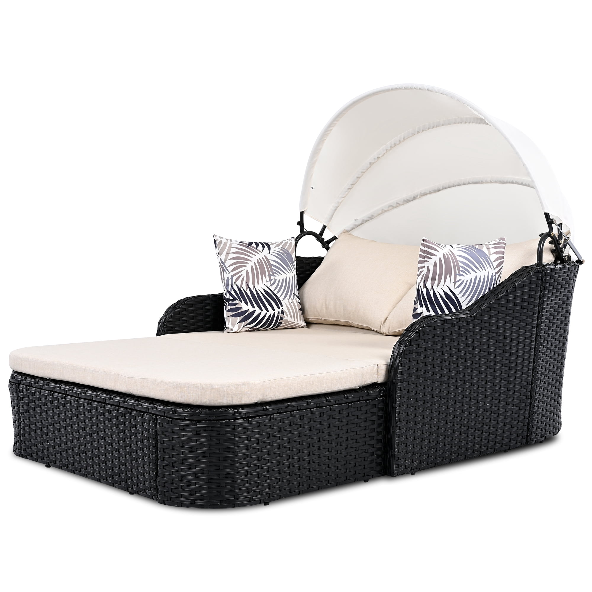 80" Outdoor Sunbed with Adjustable Canopy,Sectional Rattan Round Bed with Double lounge,Beige+Black
