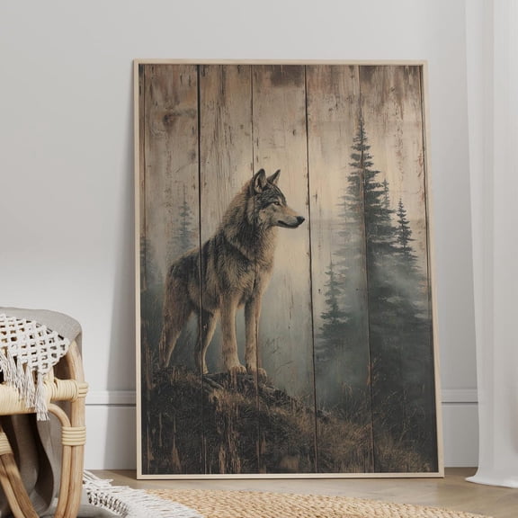 Wolf on Foggy Ridge Wall Art Misty Woodland Wildlife Decor, Unframed Paper Print Size 8x12