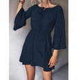 thumbnail image 1 of Mini vestido de mujer informal con manga acampanada y corte holgado, vestido de color sólido para compras en casa, citas, azul purpúreo M, 1 of 6