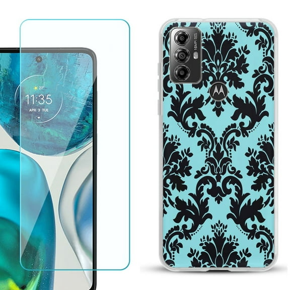 OneToughShield ® for Motorola Moto G Play 2023 Shockproof Fashion Phone Case, with Tempered Glass Screen Protector - Victorian Blue/Black