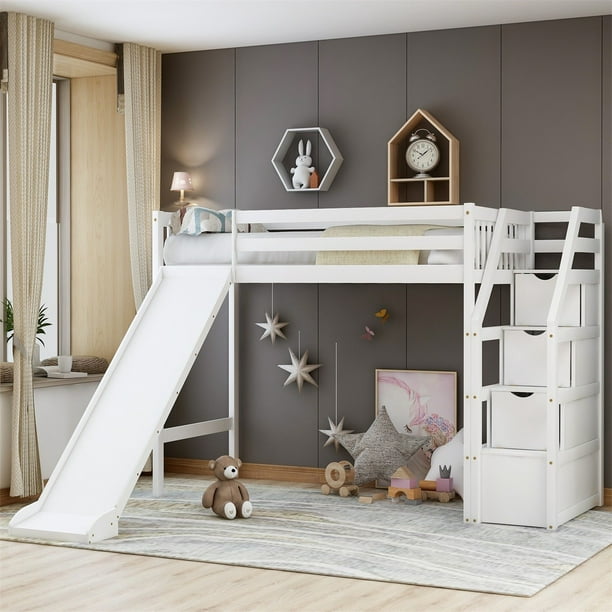 Modernluxe Twin Size Wood Loft Bed With, How To Build A Loft Bed With Slide And Stairs