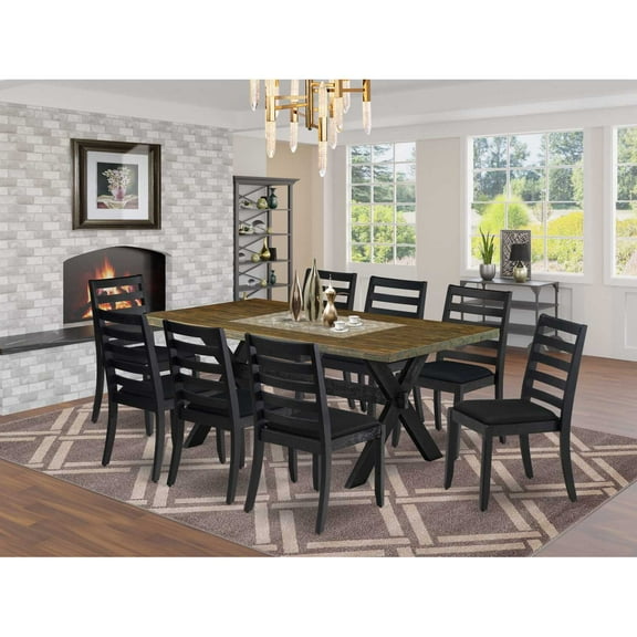 East West Furniture X677X1624-9 - 9-pc kitchen table set - a breakfast table & 8 stackable dining chairs with Black Linen Fabric - Wire-brushed Black