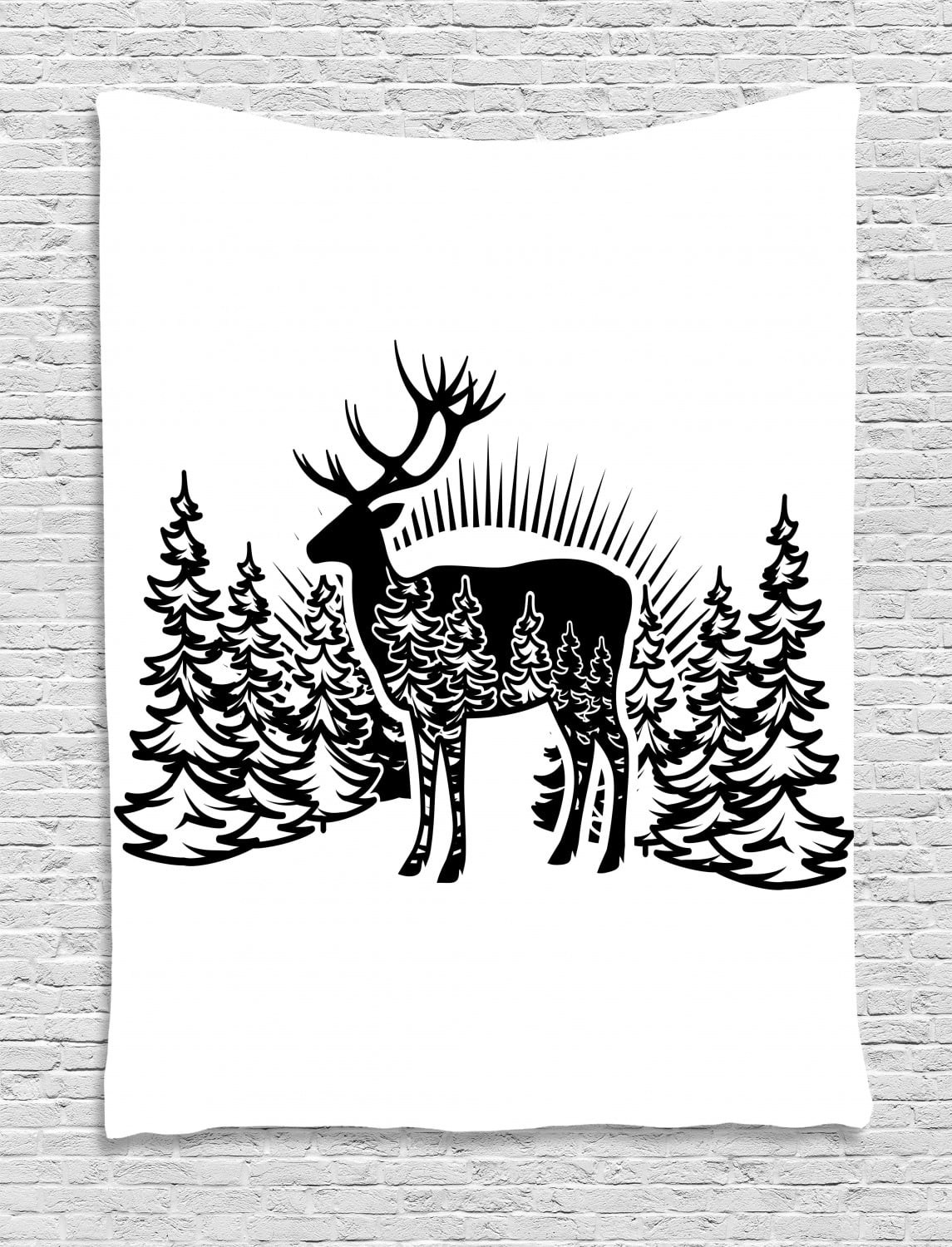 Deer Hunting Tapestry, Reindeer Horns Spruce Forest Ornamentals Nature