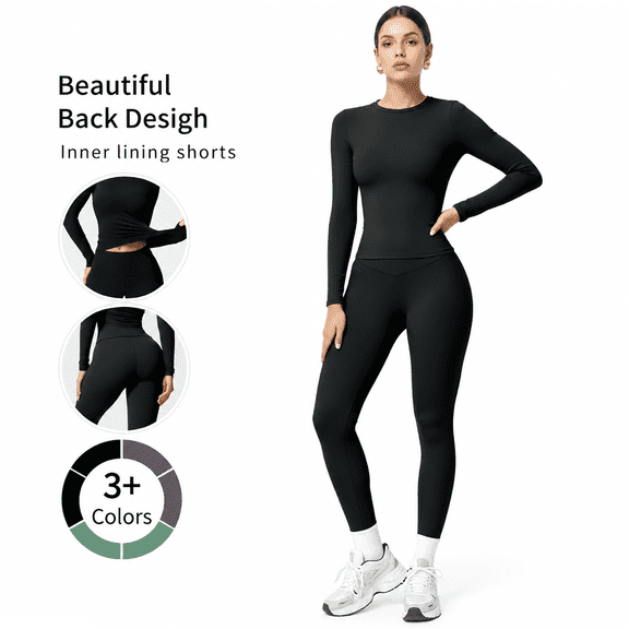 Girony Women's Long Sleeve Yoga Outfit 2 Piece, Round Neck Athletic Top High Waist Leggings Workout Set for Gym Running