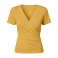 thumbnail image 6 of Women's Summer Cross Over V Neck Pleated Elegant Solid Color Fitted Short-Sleeve T-Shirt Casual Top Yellow M, 6 of 6
