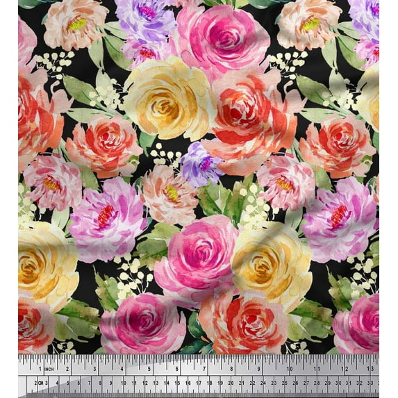 Soimoi Black Poly Georgette Fabric Leaves,Pink & Peach Rose Watercolor Print Sewing Fabric BTY 52 Inch Wide