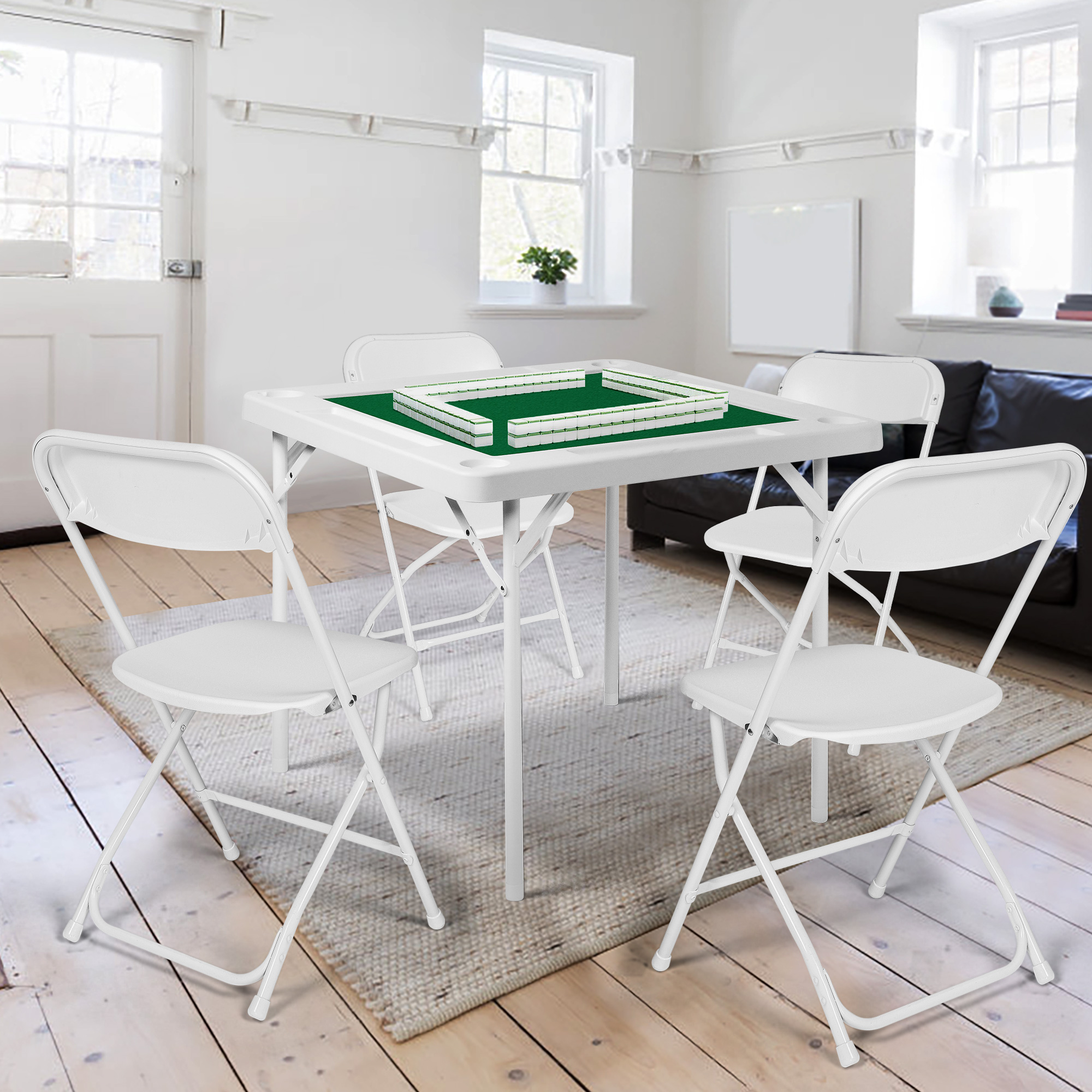 Karmas Product Folding Mahjong Table 35.4'' Foldable Square 4 Player Card Poker Table with Cup Holders & Chip Trays for Playing Mahjong, Pokers, Dominoes, Jigsaw Puzzles, Board Game