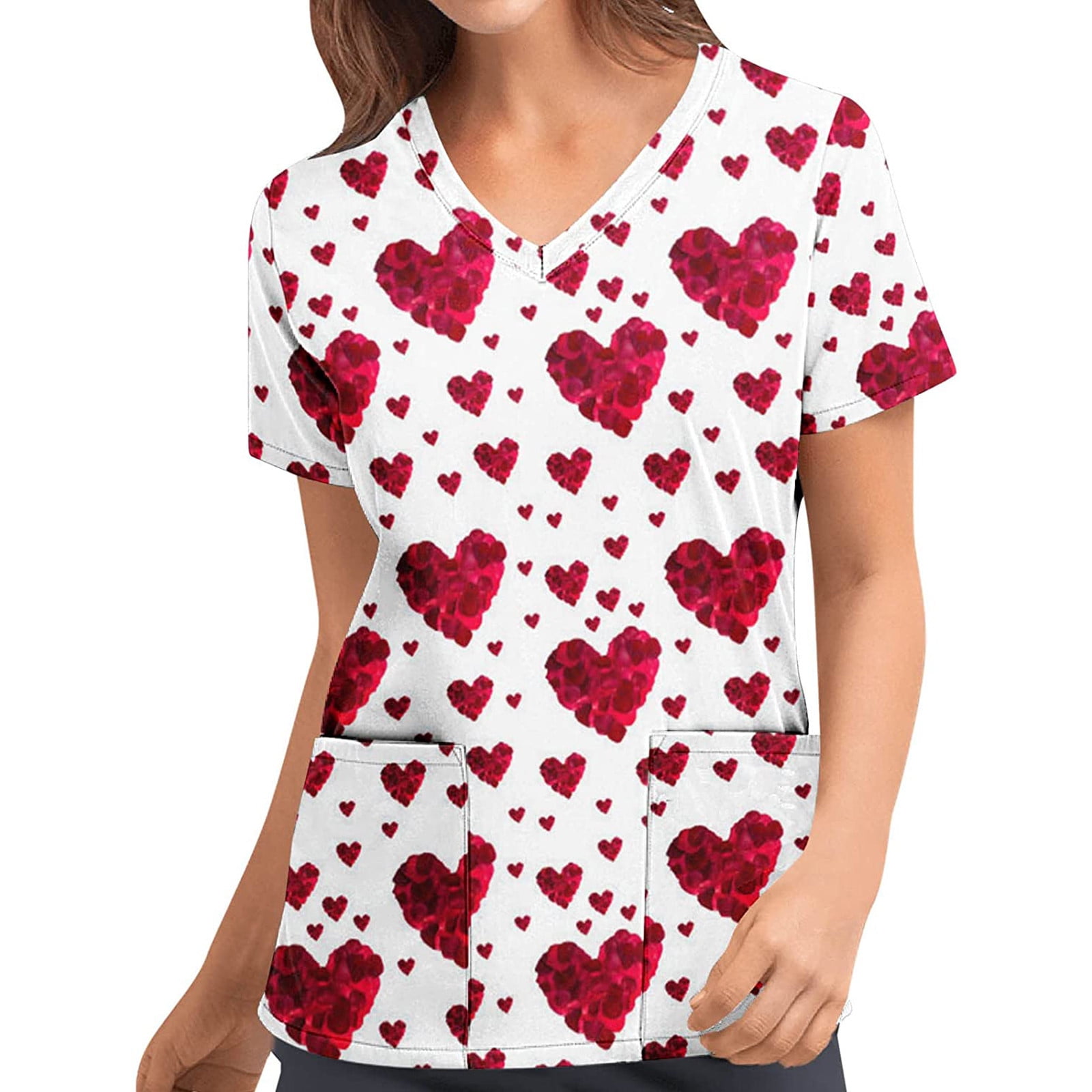Frostluinai Valentine Pattern Scrub Tops Women Short Sleeve Nurse