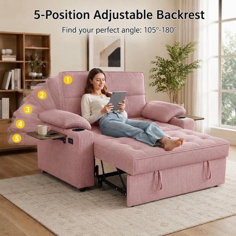 58" Sleeper Sofa Bed, Full Size Pull Out Couch, Convertible Loveseat Sofa with 5-Level Adjustable Backrest, USB Charging Ports, Cup Holders & Foldable Side Table, for Living Room, Apartment & Office