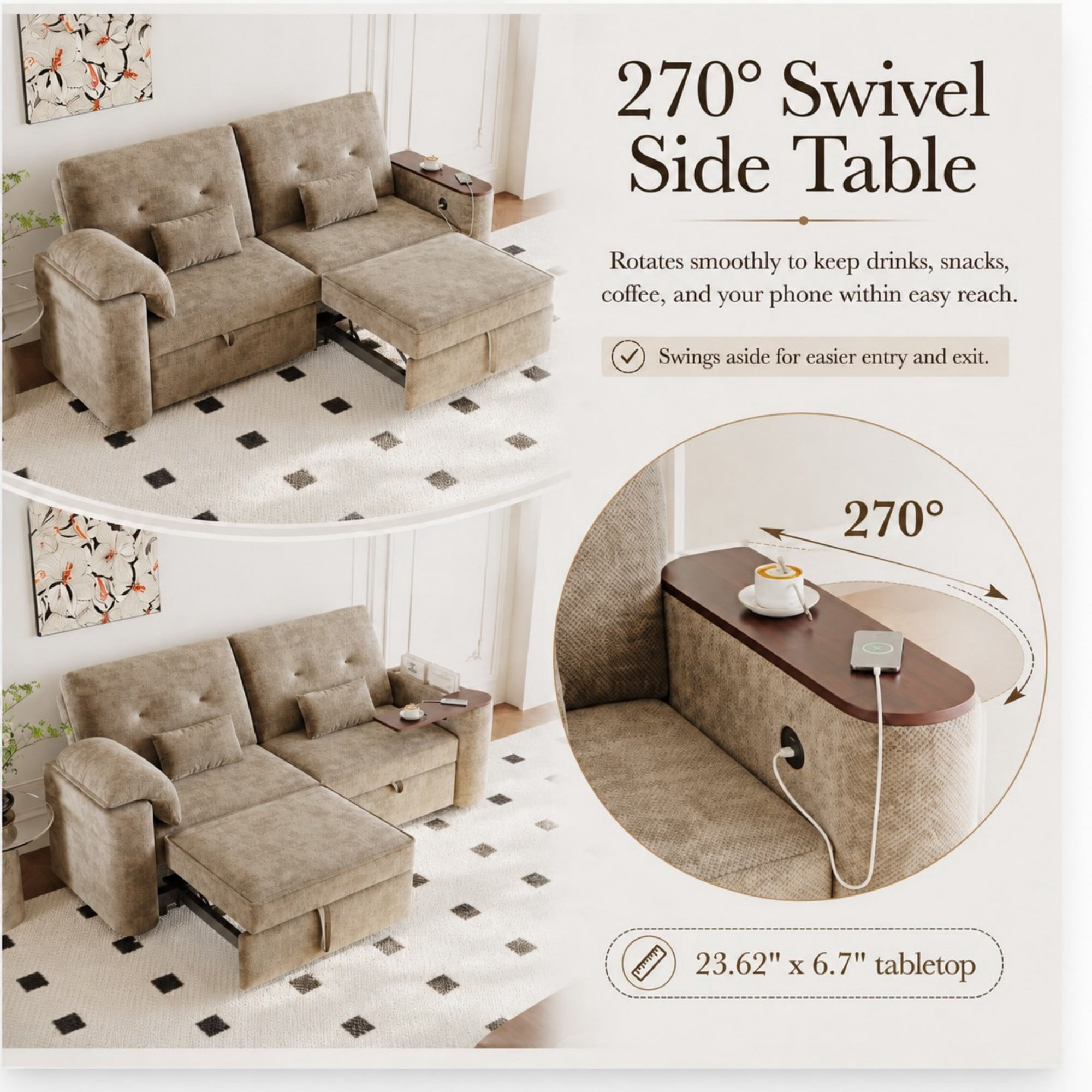 DEALTOPS 82" Chenille 3-in-1 Convertible Sleeper Sofa Bed with 270° Swivel Table & USB Ports, Beige
