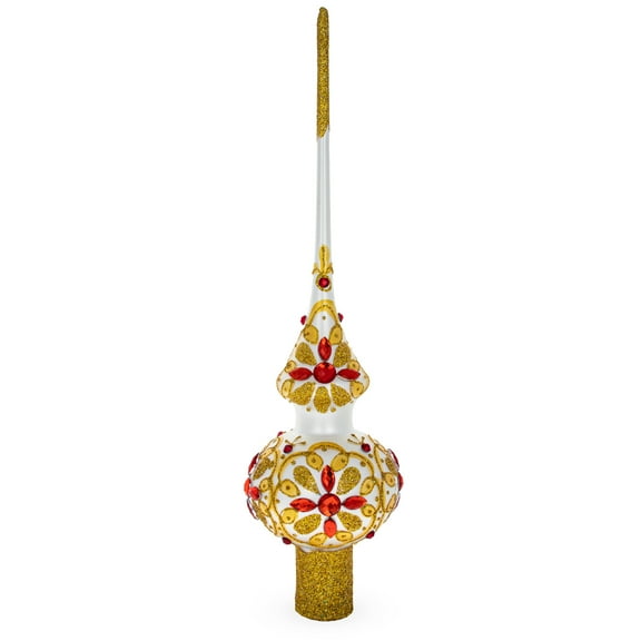 Red Jeweled Stars on Gold Pattern on White Glass Christmas Tree Topper 11 Inches