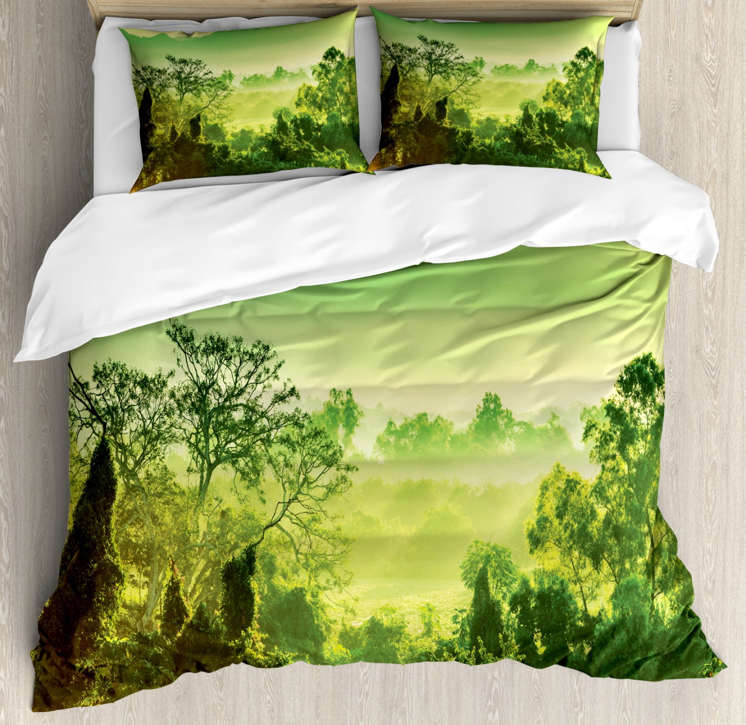 Green Forest Landscape Queen Duvet Cover Set with Shams