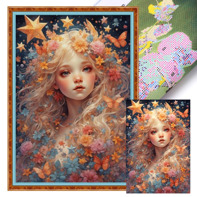 Kit Punto Cruz para Niña Bordado Con Hilo Algodón Ecológico 14CT Arte 40x60cm