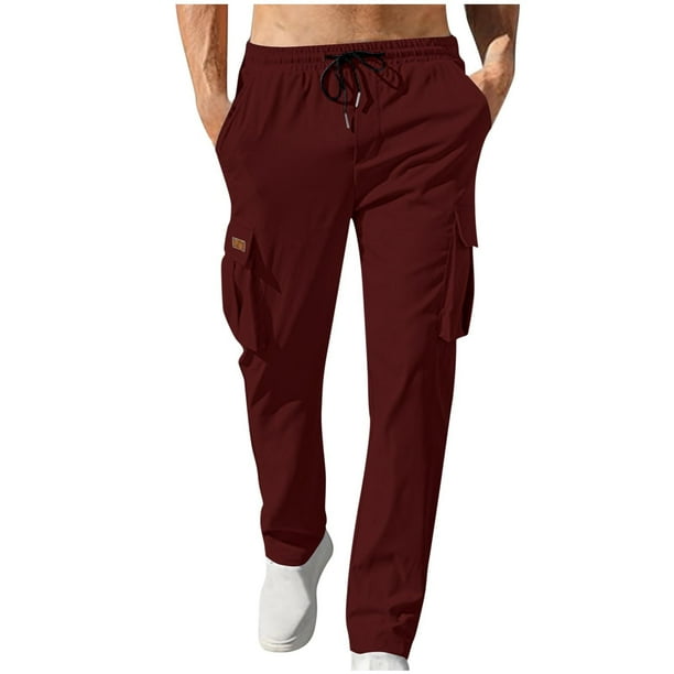 Pantalones largos para hombre, lisos, a la moda, informales, con múltiples bolsillos, cintura elástica, pantalones largos, pantalones de algodón para hombre