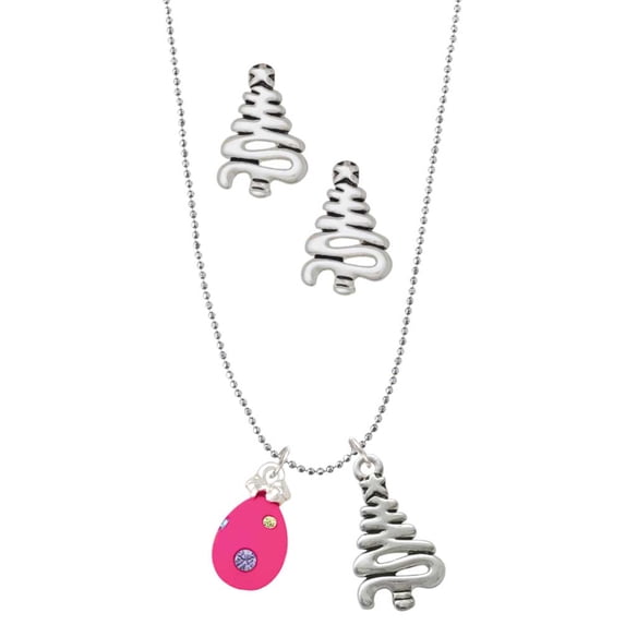 Delight Jewelry Hot Pink Easter Egg with Color Crystal Dots Silver tone Zig Zag Christmas Tree Charm Necklace and Stud Earrings