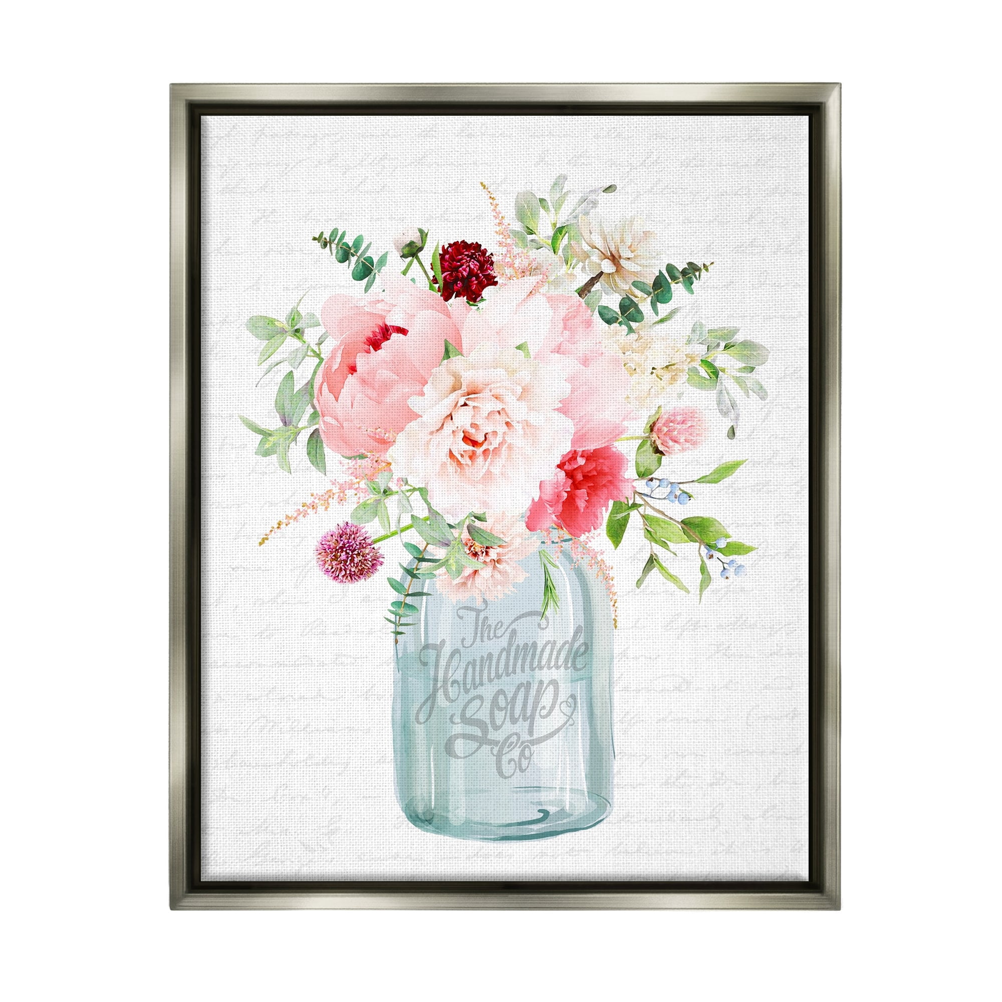 Stupell Industries Bright Pink Floral Bouquet Cursive Script Pattern Graphic Art Luster Gray Floating Framed Canvas Print Wall Art, Design by Lettered and Lined