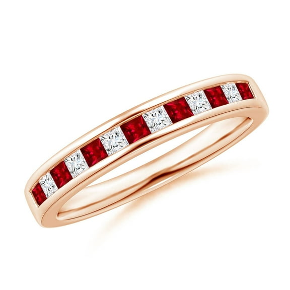 ANGARA Natural Channel Square Ruby and Diamond Half Eternity Ring in 14K Rose Gold for Women (Size-1.8mm) | July Birthstone, Birthday, Anniversary, Jewelry Gift for Women | Natural Ruby Ring