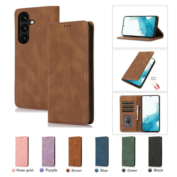 Allytech Magnetic Case for Samsung Galaxy S23 FE, [3 Card Slots] [1 Cash Slots] Slim PU Leather Shockproof Camera Lens Protection Kickstand Magnetic Closure Luxury Case for Women Men - Brown