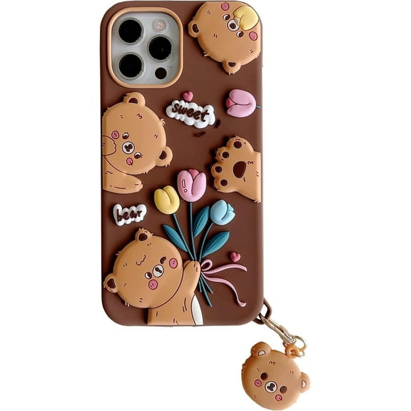 for iPhone 14 Tulip Bear Case, Kawaii Phone Cases 3D Silicone Cartoon Case with Keychain Fun Apply to iPhone 14 Cute Case Soft Rubber Shockproof Protective Case for Women Girls