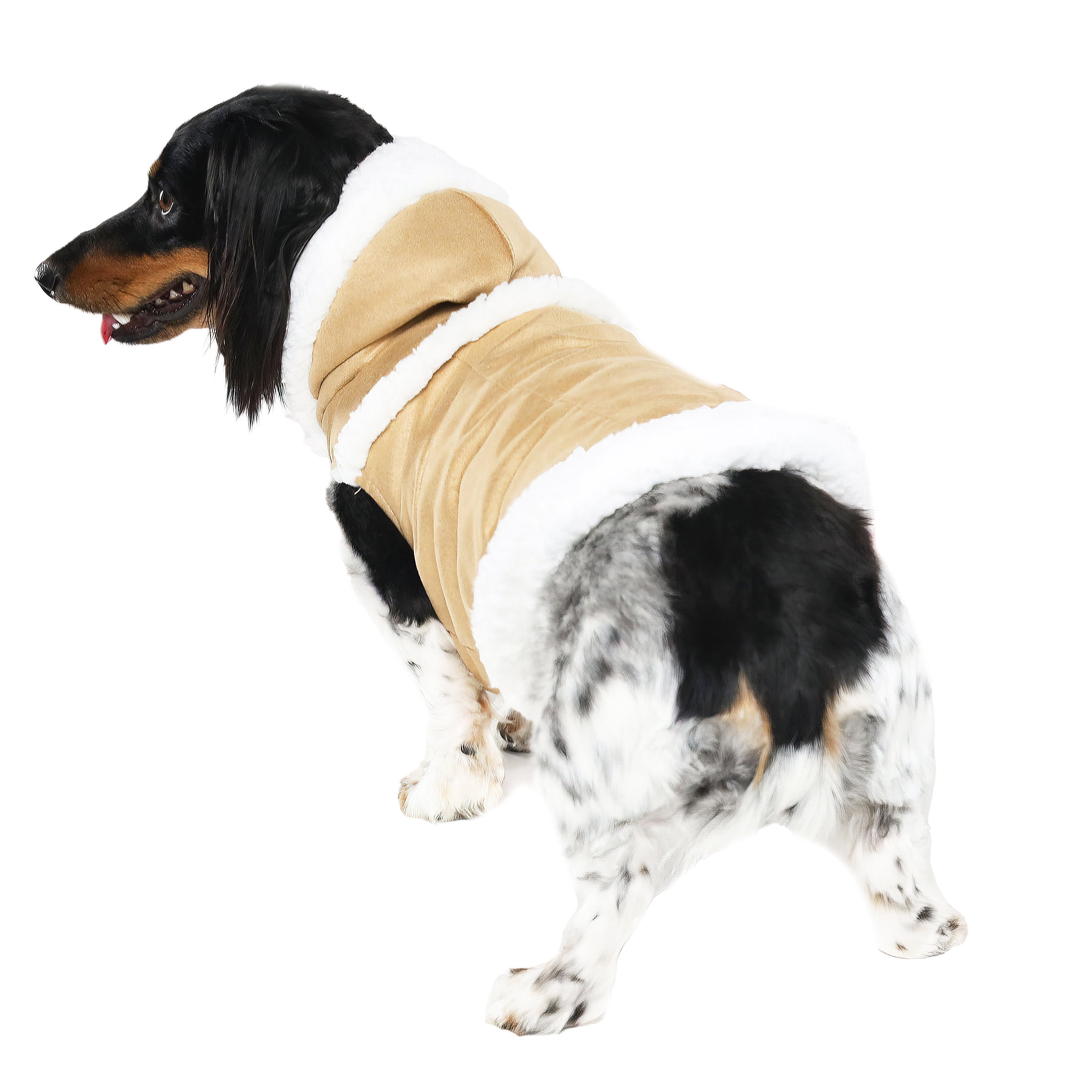 Vibrant Life Dog Clothes Tan Faux Suede Hooded Jacket with Sherpa