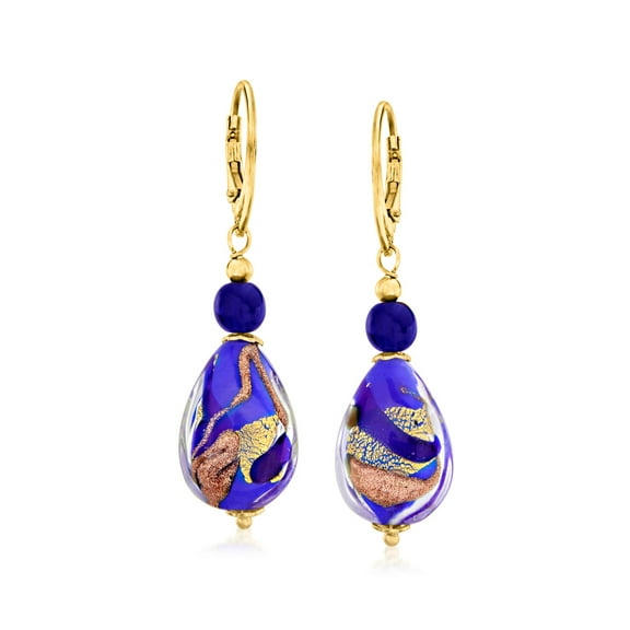 Ross-Simons Italian Blue and Goldtone Murano Glass Drop Earrings in 18kt Gold Over Sterling, Women's, Adult