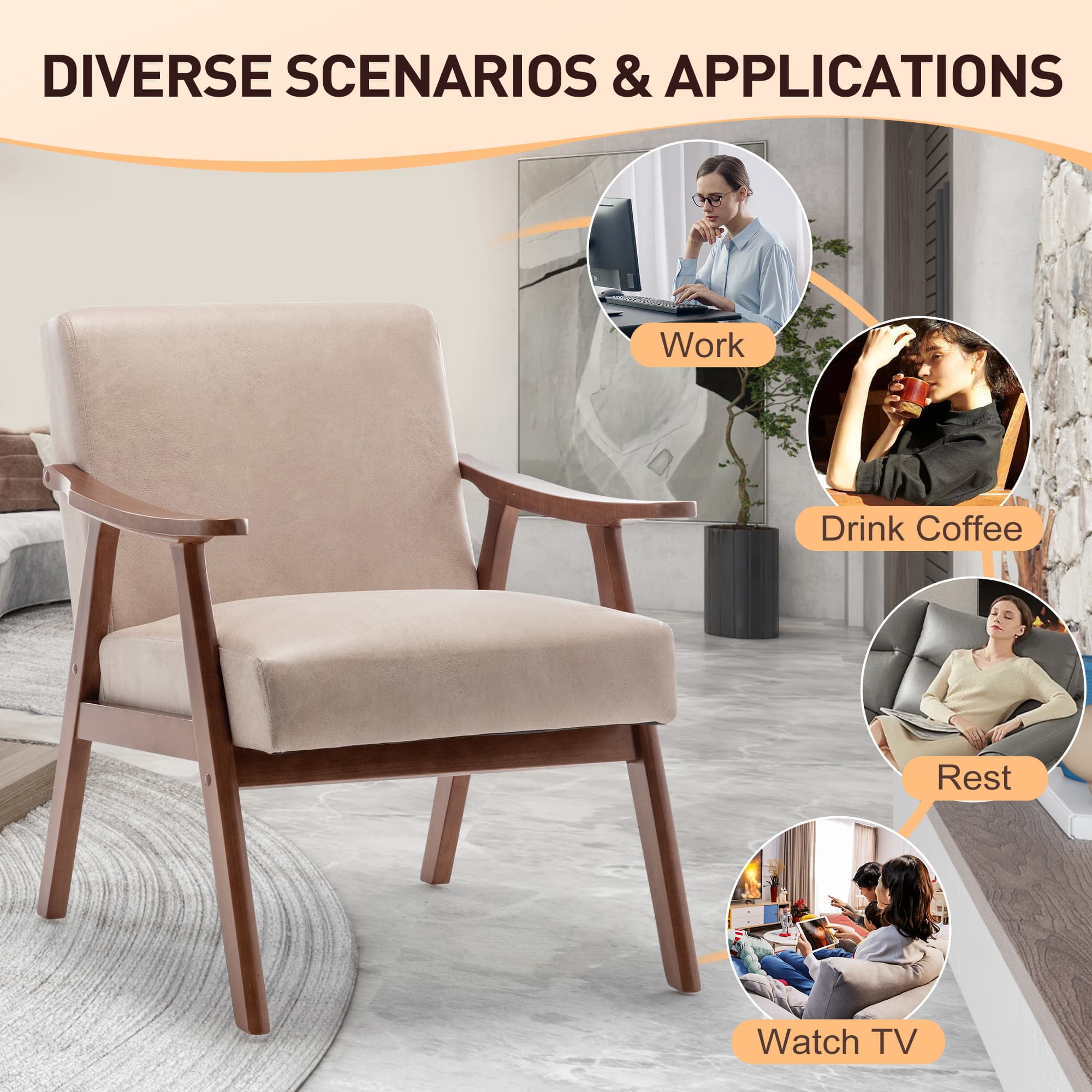 MAYEERTY Mid-Century Modern Chair Solid Wood Frame Accent Chair Extra-Thick Backrest Wingback Lounge Indoor Living Room Bedroom Reading Room
