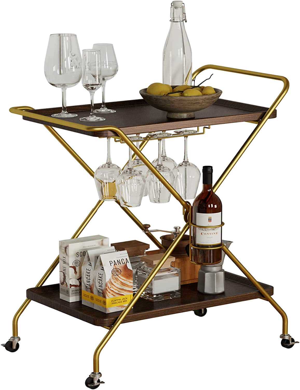 Greensen Bar Cart Industrial Kitchen Storage Trolley with Wine Rack 2-Tier Serving Cart with Handle Rack for Kitchen Party Dining Room Living Room 31.9x29.5x12.8in 