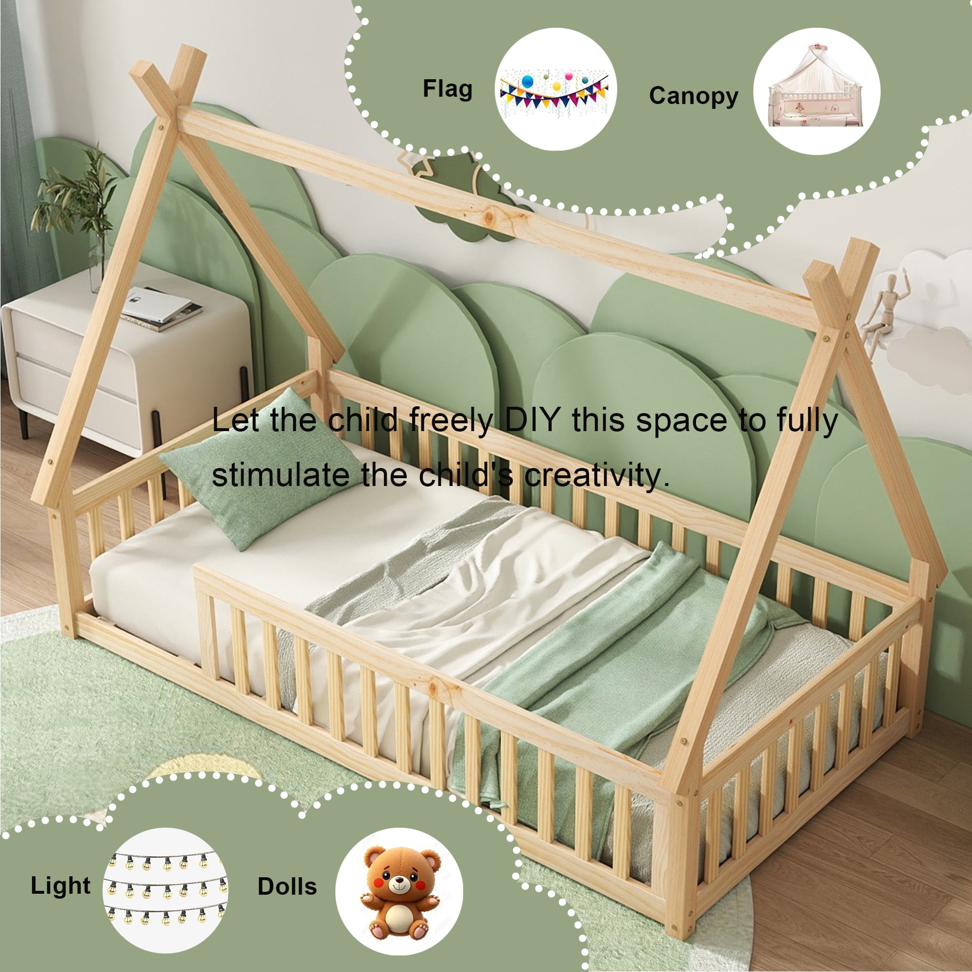 Twin Size House Floor Bed, Wood Montessori Bed Frame with Fence Guardrails, House Beds Frame (Twin,Natural)