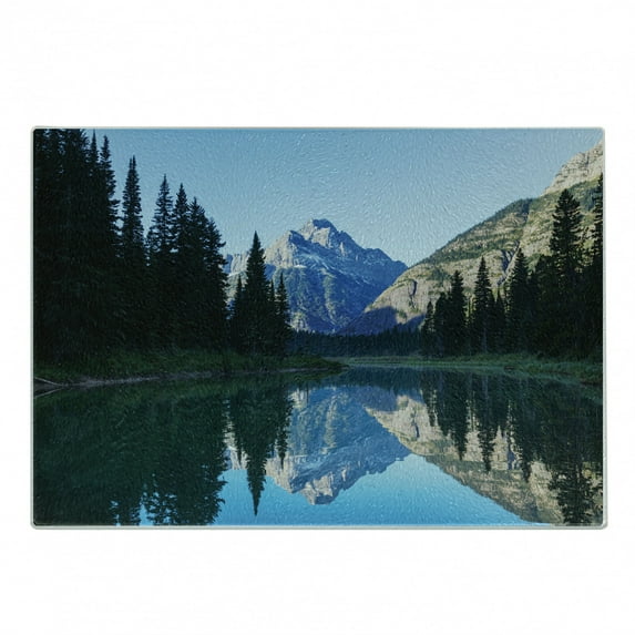 Glacier National Park Cutting Board, Montana USA Nature Themed Photo of Mountain Reflection on Lake, Decorative Tempered Glass Cutting and Serving Board, in 3 Sizes, by Ambesonne