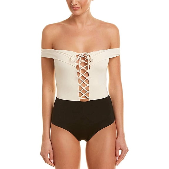 L*Space CREAM/BLACK/CAMEL Off-the-Shoulder One Piece Swimsuit, US 8