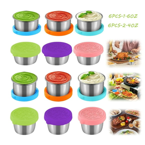 Salad Dressing Container To Go, 6Pcs 1.6oz and 6Pcs 2.4oz Small Condiment Containers, Reusable Stainless Steel Sauce Cups for Lunch Bento Box, Picnic and Travel