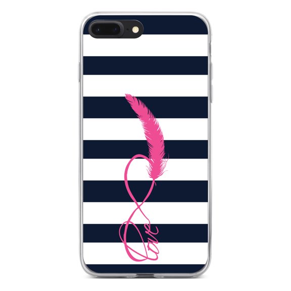 DistinctInk Clear Shockproof Hybrid Case for iPhone 7 PLUS / 8 PLUS (5.5" Screen) - TPU Bumper, Acrylic Back, Tempered Glass Screen Protector - Navy White Stripes Pink Love - Stripes Pattern