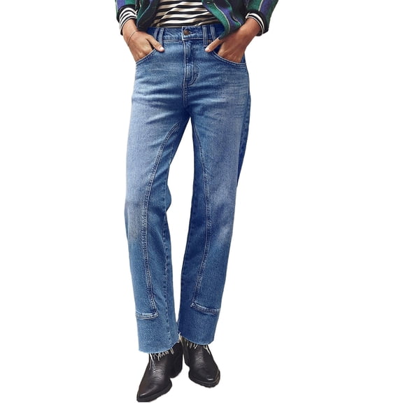 Women Middle Waist Light Washed Straight Leg Denim Pants Casual Ankle Jeans