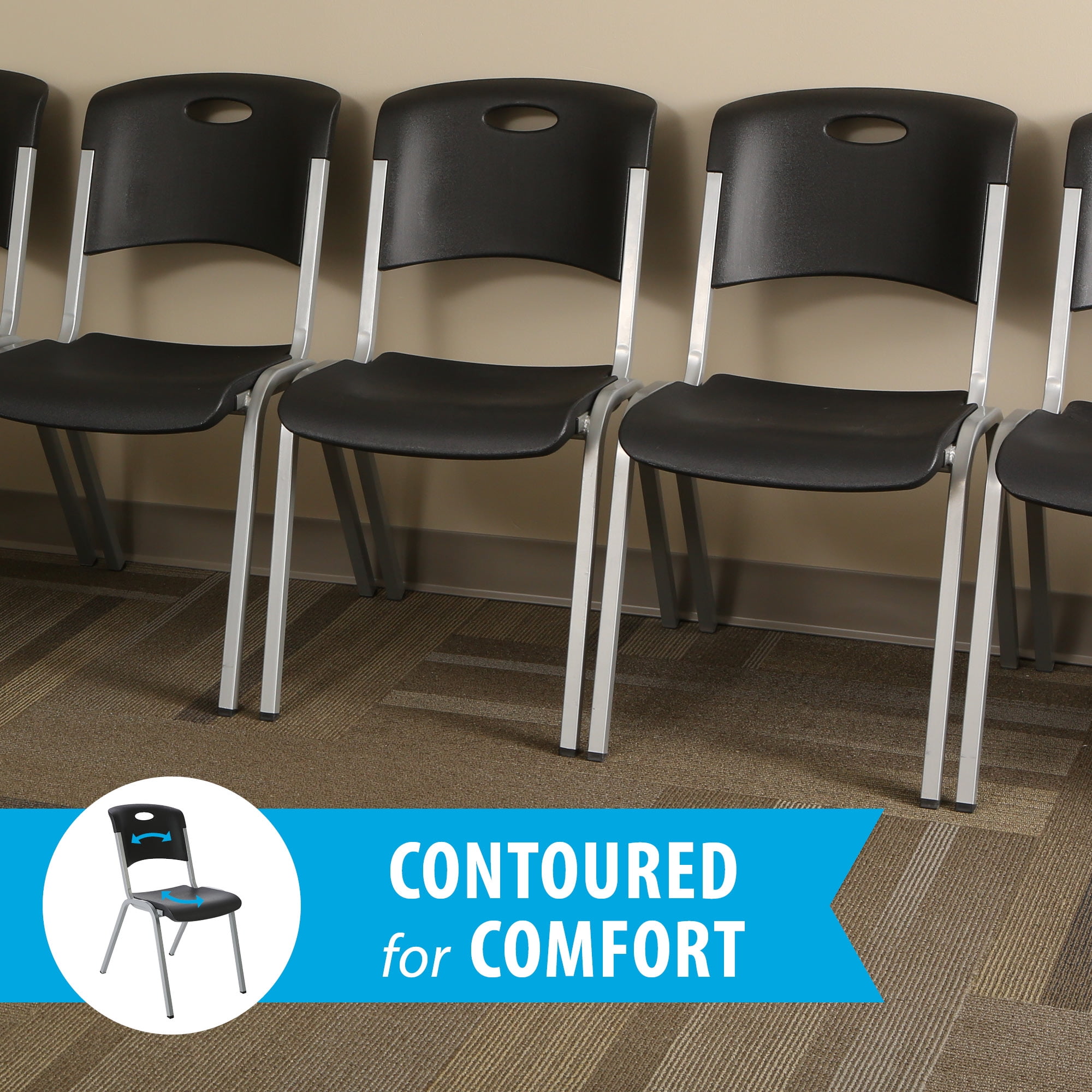 Lifetime Stacking Chairs, Indoor/Outdoor Commercial, Black & Silver, Adult Sized, 4 Pack (480310)