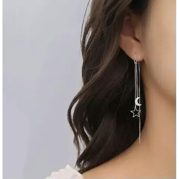 HOOUN Silver Moon Star Threader Long Tassel Earring Chain, Drop Dangle Woman Earrings