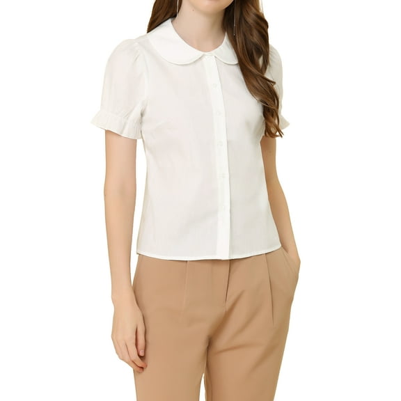 DARING DIVA Women's Puff Sleeve Peter Pan Collar Tie Neck Button-Up Shirt S White
