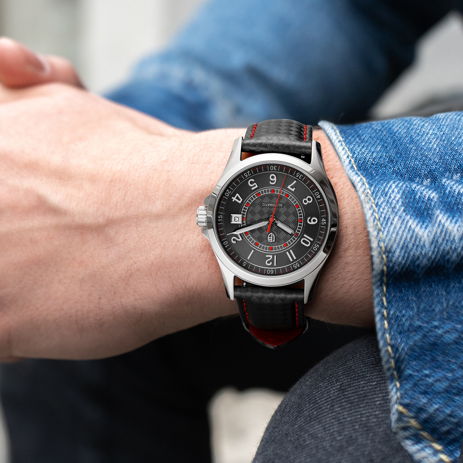BERNY Men's Automatic Watch, Leather Strap Mechanical Watch with Date, Super Luminous, Sapphire Crystal, 10ATM Waterproof, Fashion Casual Wristwatch for Men (Red)