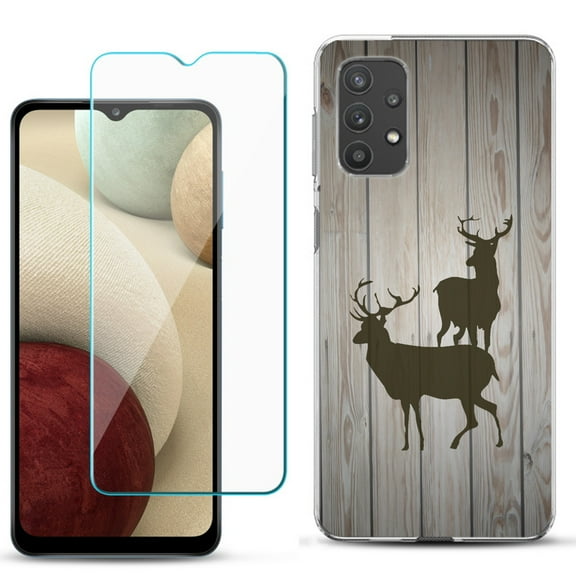 Slim-Fit TPU Phone Case compatible with Samsung Galaxy A32 5G, with Tempered Glass Screen Protector, by OneToughShield ® - Wood/Deer
