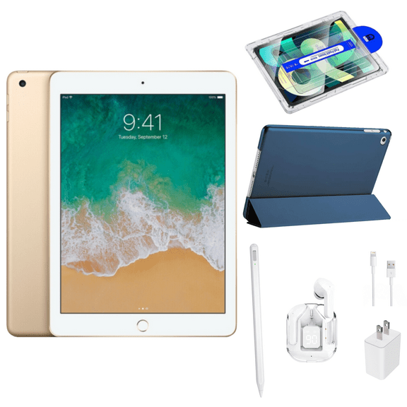 Restored Apple iPad 5 Bundle – 9.7" 128GB Gold (Wi-Fi) – Magnetic Smart Case, Wireless Earbuds, Stylus, Screen Protector, and Charger Included (Refurbished)