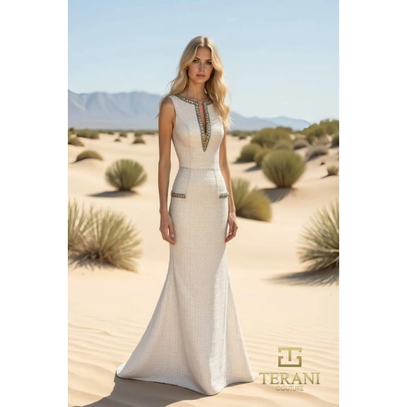 Terani Couture 252e5119 Metallic Glamour Long evening elegant Gown Cream 0