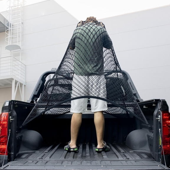 Cargo Net for Pickup Truck Bed, Trucks Cargo Net Mesh Organizer, 4'x4' Stretch to 7'x7' Highly Elastic Truck Bed Net for Camping, Trip Luggage, Compatible with Trailer, Ford, Chevrolet, Dodge