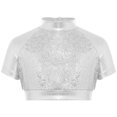 thumbnail image 7 of Aislor Girls Jazz Dance Outfit Mock Neck Short Sleeve Sequins Metallic Back Invisible Zipper Crop Top with Pants Silver 16, 7 of 7