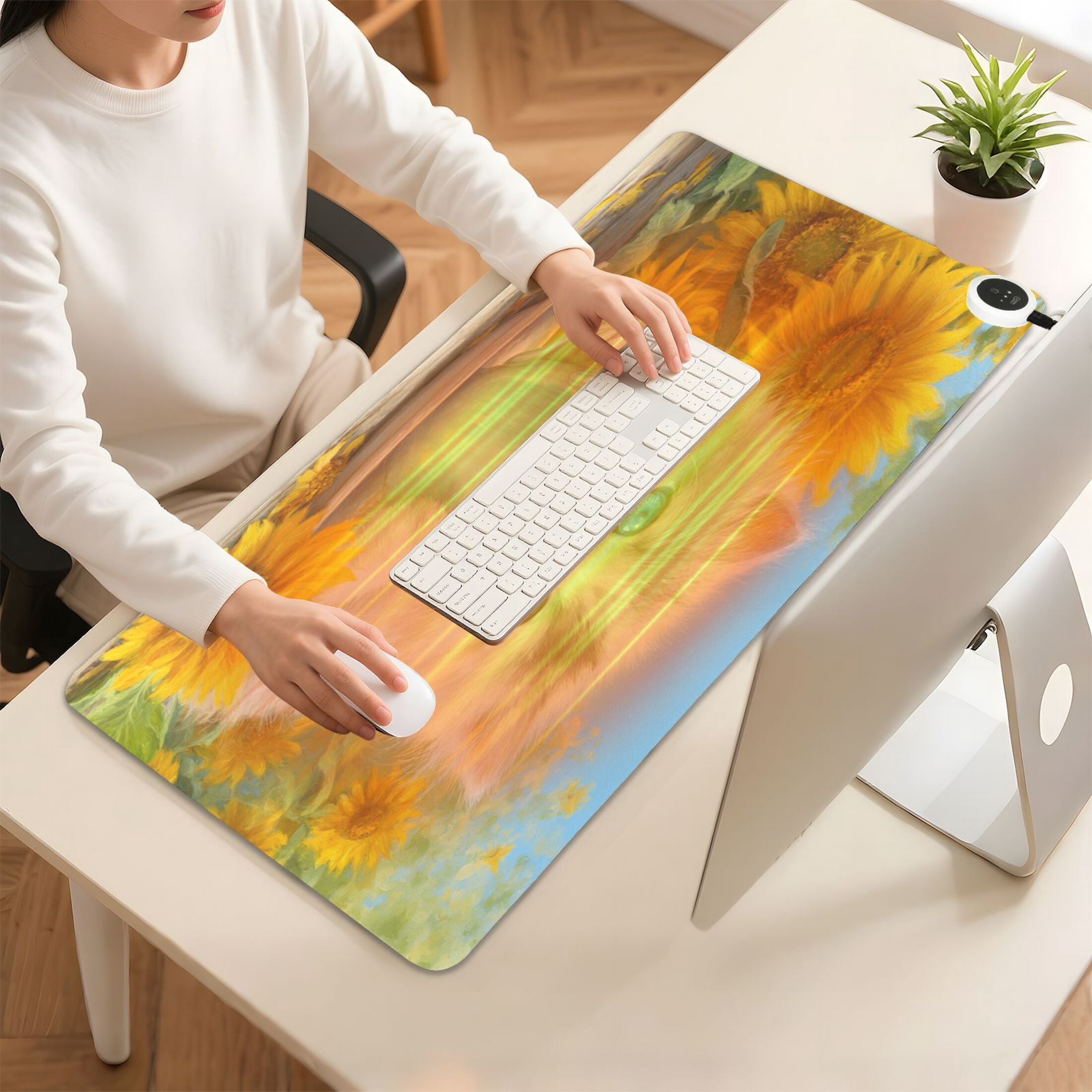 Large Heated Desk Mat Mouse Pad 31.5"x13"PU Leather Graphene Heating Desk Warmer with 3 Temperature Settings 110V US Plug Non-Slip Warm Pad for Home, Office, and Gaming Elegant Blue-eyed White Cat