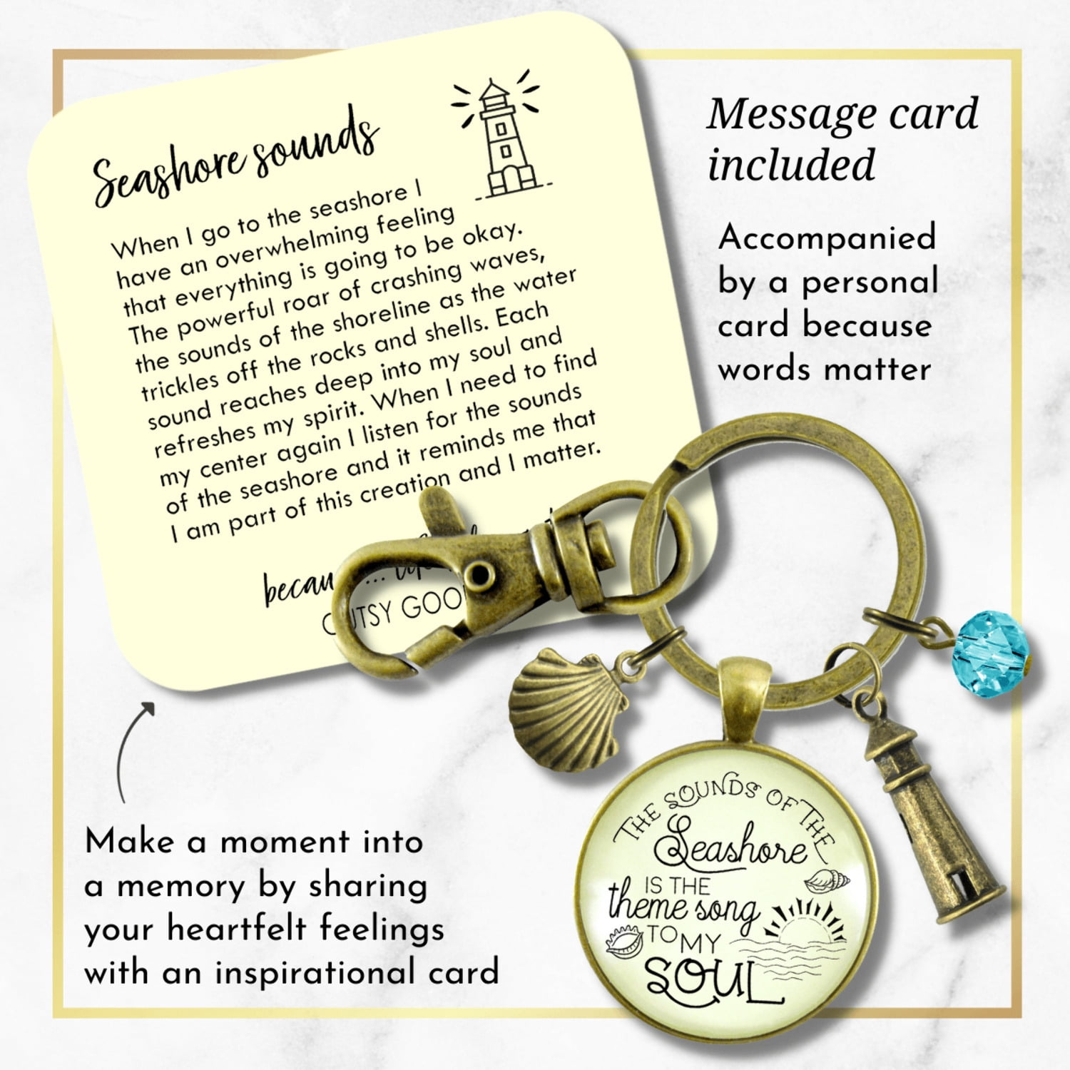 Beach Gutsy Goodness Bronze Keychain Sounds of Seashore Nautical Ocean Theme Jewelry Lighthouse Shell