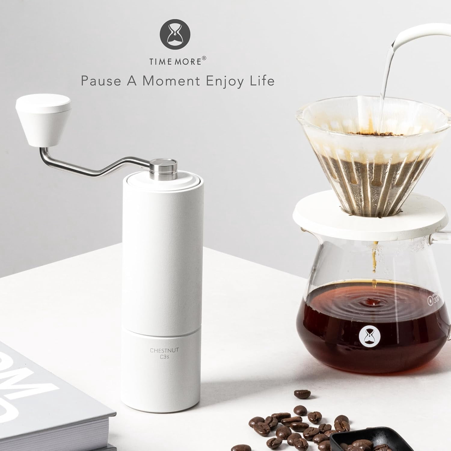 Chestnut C3S Manual Coffee Grinder with Internal Adjustable Grind Setting, Capacity 20g Hand Coffee Grinder with Stainless Steel Conical Burr, for Espresso to French Press, White